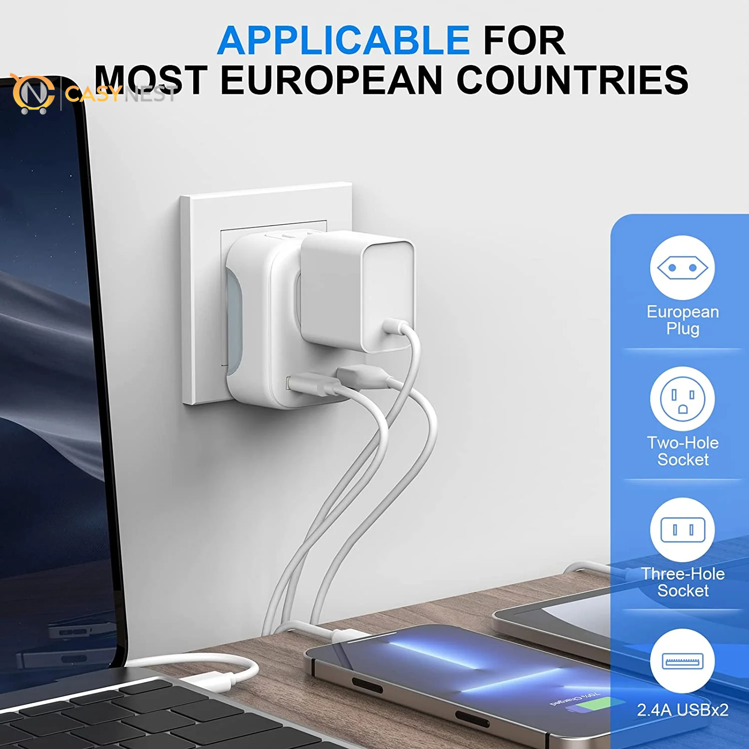 4-in-1 Universal Travel Plug Adapter – US to Europe Power Converter, Lightweight International Adapter for Travel