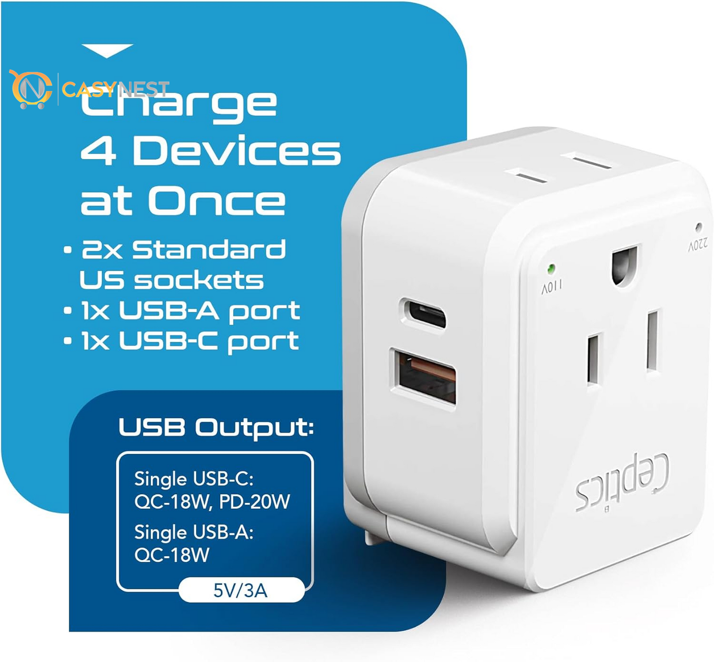 Travel Plug Adapter – 2 US Outlets with Dual USB & USB-C 3.1A, 20W PD & QC, Compact for Euro, Greece, Italy, Switzerland, Turkey, Portugal (Type C Included)