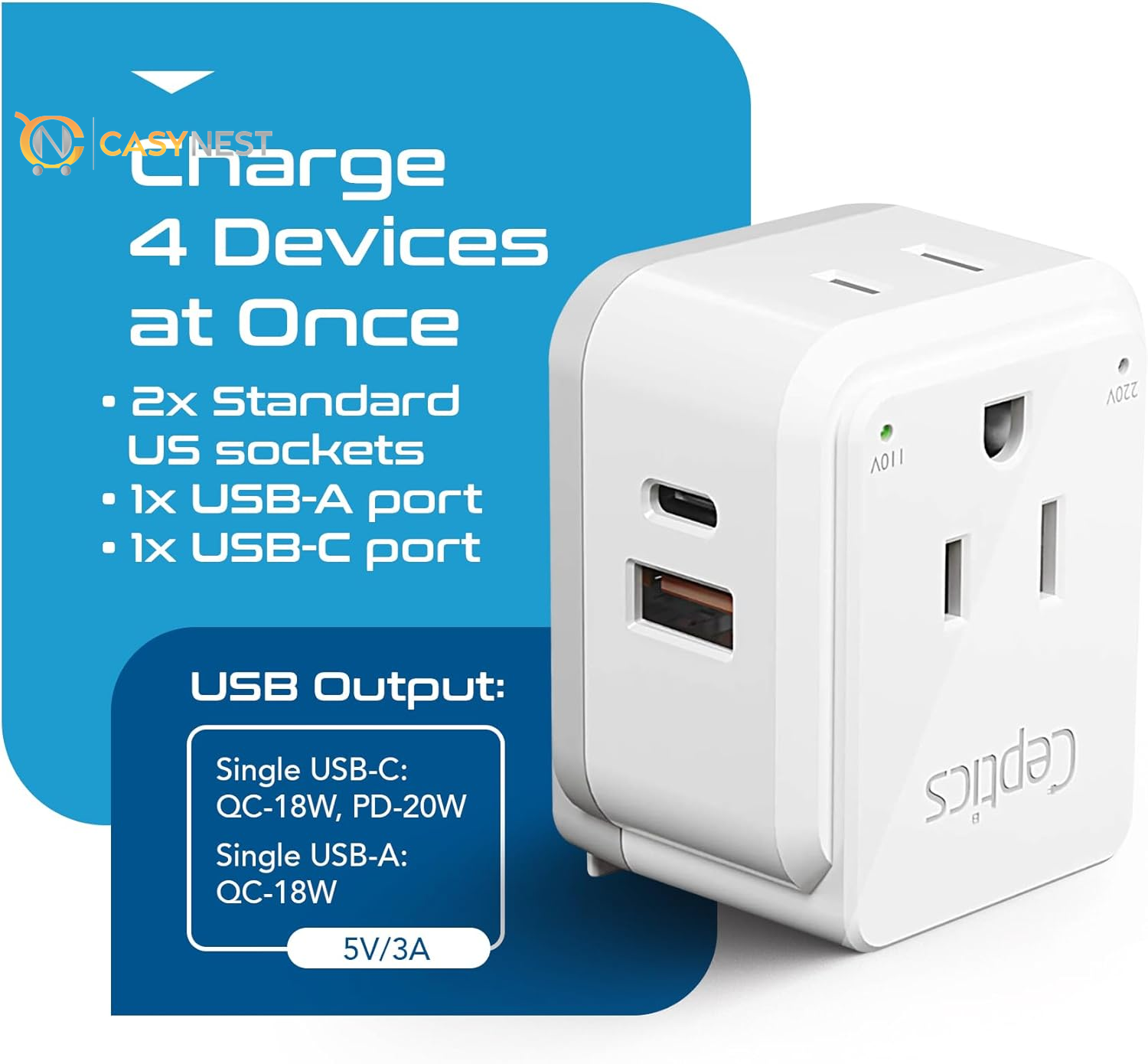 Travel Plug Adapter – 2 US Outlets with Dual USB & USB-C 3.1A, 20W PD & QC, Compact for Euro, Greece, Italy, Switzerland, Turkey, Portugal (Type C Included)