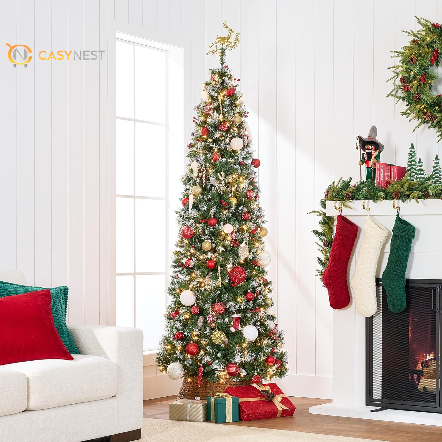 Casy Nest 6ft Pre-Lit Pencil Christmas Tree – Partially Flocked Slim Holiday Tree