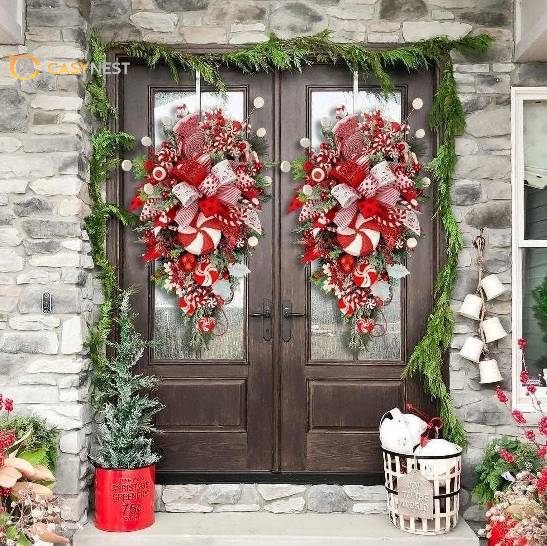 Christmas Candy Cane Wreath – Red & White Holiday Door Decor with Ornaments