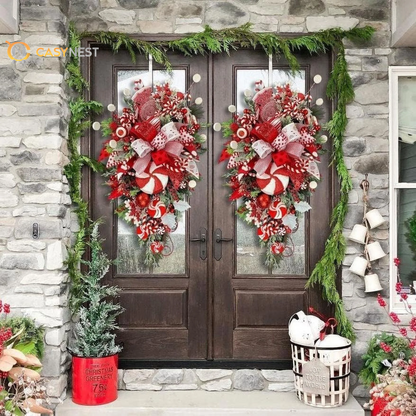 Christmas Candy Cane Wreath – Red & White Holiday Door Decor with Ornaments