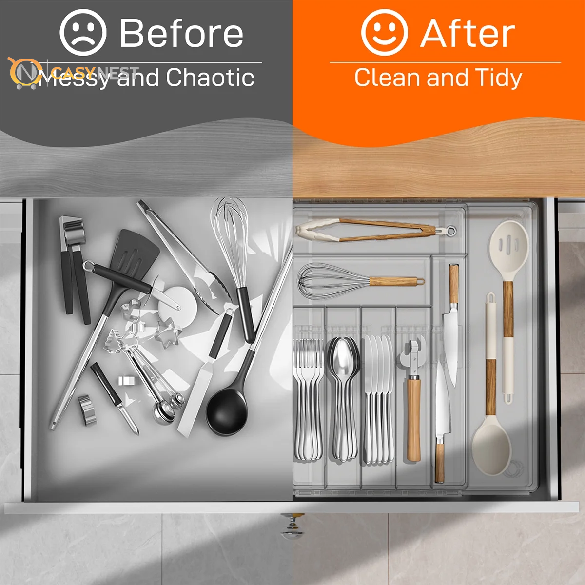 Silverware Drawer Organizer, Expandable Clear Acrylic Silverware Organizer, Kitchen Drawer Organizer for Utensils, Adjustable Cutlery Tray, Office, Supplies-9 Compartments, Large, Clear