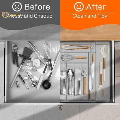 Silverware Drawer Organizer, Expandable Clear Acrylic Silverware Organizer, Kitchen Drawer Organizer for Utensils, Adjustable Cutlery Tray, Office, Supplies-9 Compartments, Large, Clear
