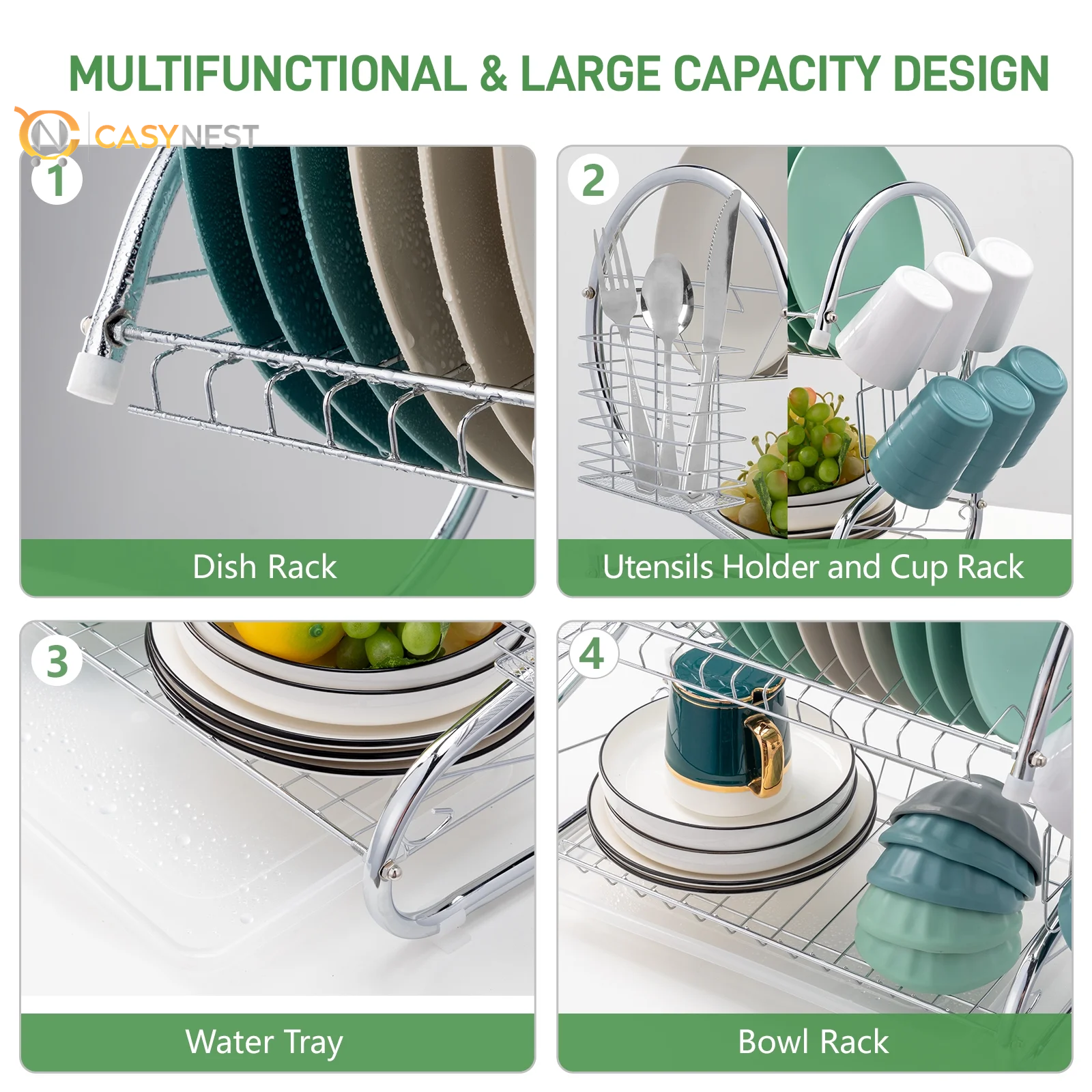Kitchen Stainless Steel Dish Cup Drying Rack Holder 2-Tier Dish Rack Sink Drainer